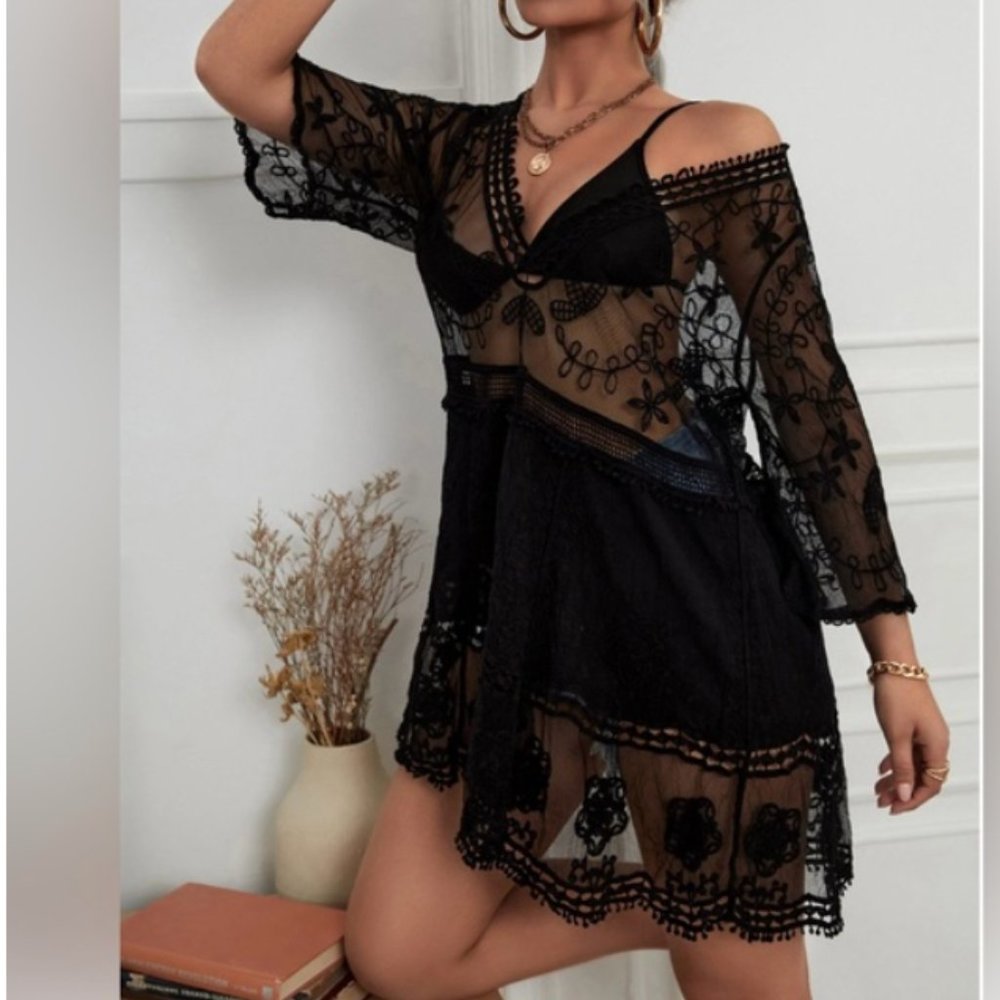 Boho Lace Plunging Cover Up White - Picture 4 of 7